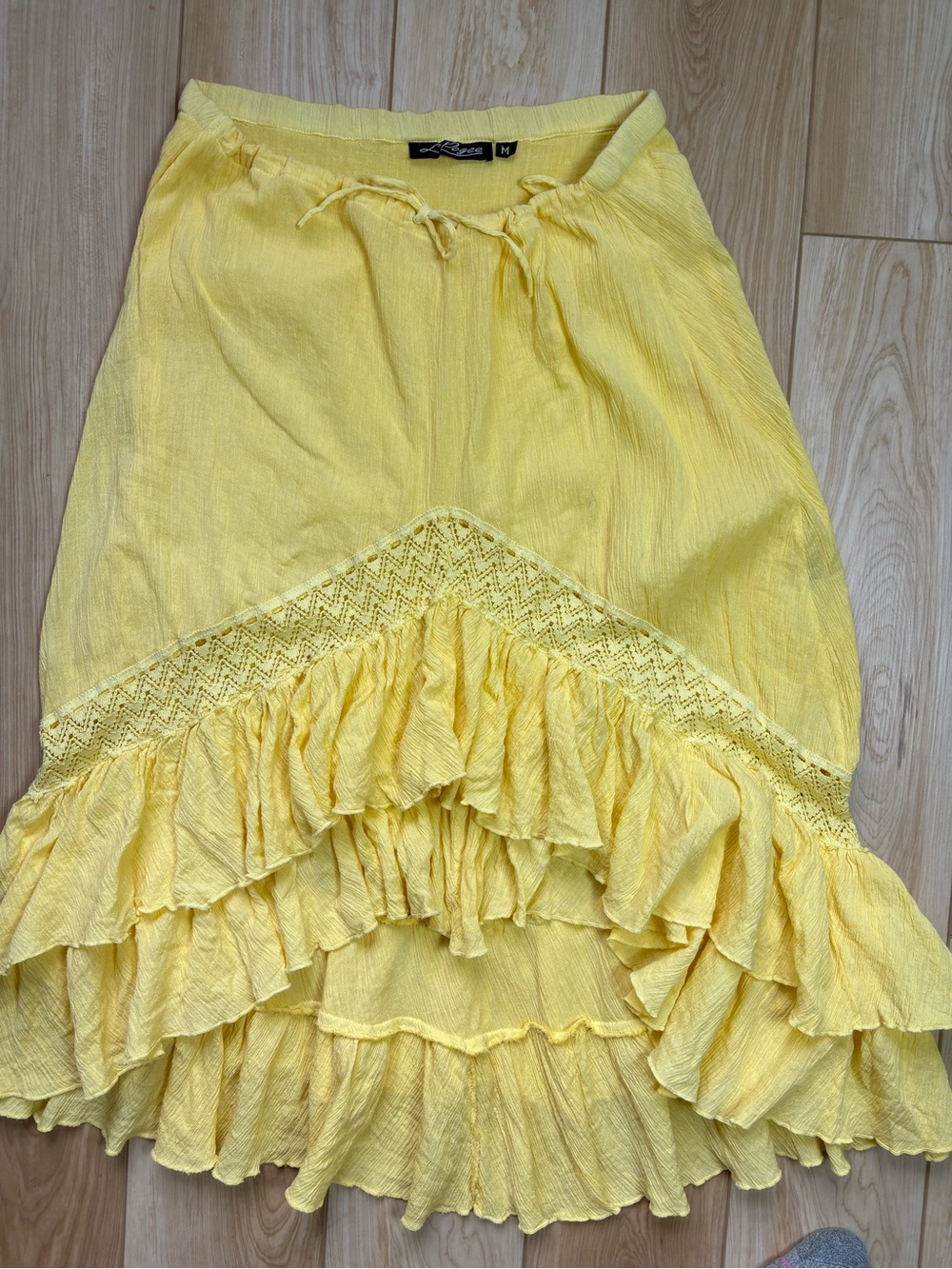 Vintage Yellow Ruffled Tiered Midi Skirt with Crochet Detail Boho Festival